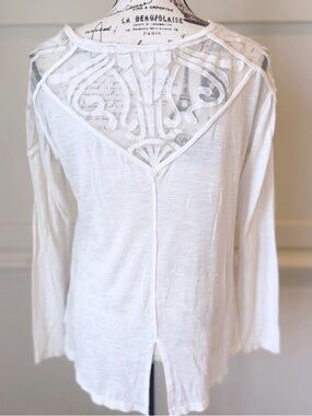 Free People Lace yoke long sleeve white top XS